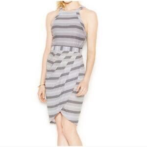 DONATING! LAST CHANCE! Faux wrap black white stripe sleeveless med halter dress